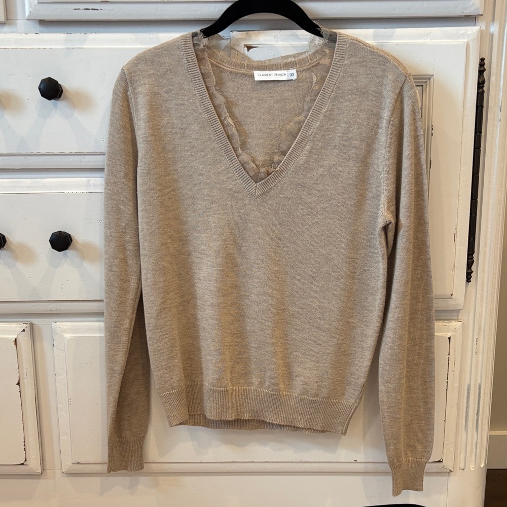 Current Season Beige V-Neck Sweater with Lace Trim